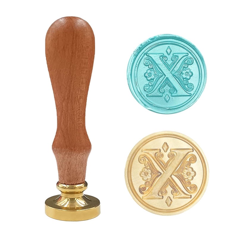 krastmon Medieval Traditional Initial Alphabet Wax Seal Stamp, Brass Head Wooden Handle Letter Stamps for Card/Envelope/Gift - (Letter X) - Image 1